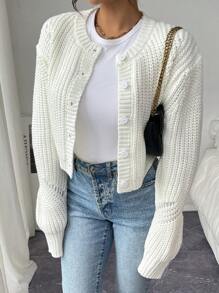Chiquease Buttoned Diagonal Hollow Out Chunky Knitted Long Sleeve Cardigan - White - View 3
