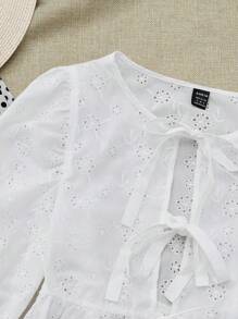 SHEIN VCAY Vải thêu ren màu trơn cổ tròn tay phồng buộc dây phía trước Áo sơ mi nữ, buộc dây phía trước, áo ren - trắng - Xem 3