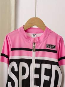 Conjunto de falda y blusa de manga larga con diseño de bloques de color y estampado de letras para niña joven en primavera/otoño - Rosa - Ver 6