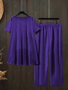 EMERY ROSE Conjunto de talla grande de top de manga corta con dobladillo asimétrico y pantalones largos de unicolor para vacaciones casuales - Morado - Ver 2