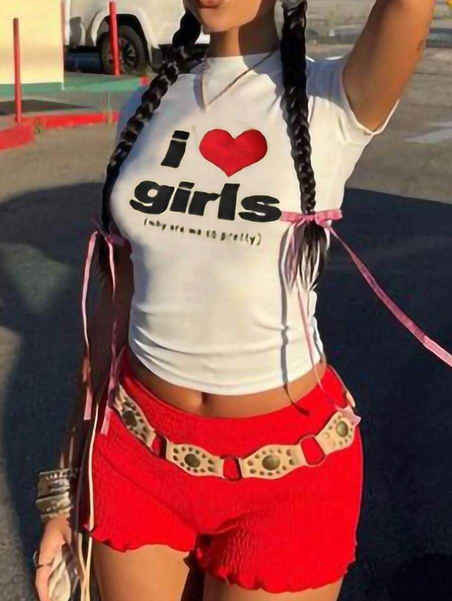 SHEIN EZwear 「我愛女孩」女性性感短上衣，圓領短袖款 - 白色 - 查看 1
