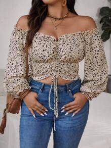 SHEIN VCAY Plus Size Holiday Off-Shoulder Shirred Hemline Shirt With Drawstring Tie - Multicolor - View 4