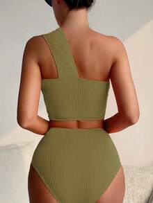 SHEIN Swim 女士纯色简约日常单肩两件套比基尼 - 橄欖綠 - 查看 2