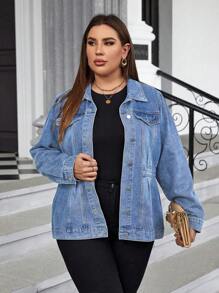 SHEIN LUNE Plus Size Women's Solid Color Simple Daily Wear Long Sleeve Denim Jacket - Light Wash - View 5