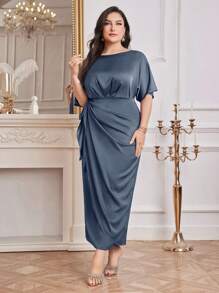 Modelyn Plus Size Women's Elegant Solid Color Round Neck Batwing Sleeves Side Knot Long Dress, Summer Long Evening Dresses - Dusty Blue - View 6