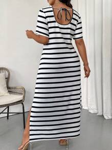 Calvaya Plus Size Sọc Colorblock Side Slit Váy đi nghỉ mát ở bãi biển mùa hè thông thường - Đen và trắng - Xem 2