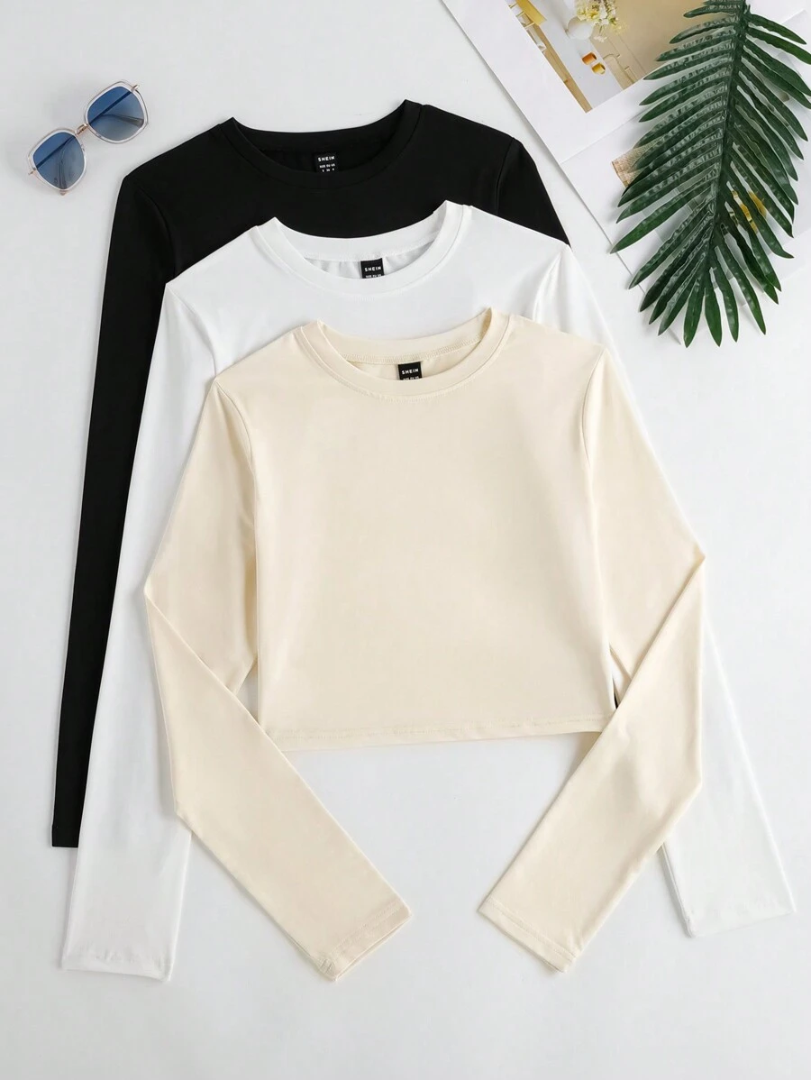 Chiquease 女士春夏時尚素色圓領長袖舒適休閒T恤，萬能搭配