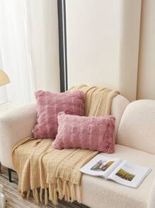 1个浅粉色仿毛皮装饰抱枕套（不含枕芯），现代法兰绒绒面抱枕套，拉链封口，适用于家居、沙发、客厅 - 藕粉色 - 查看 4