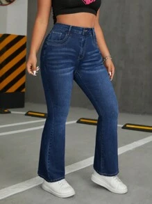 SHEIN EZwear Quần Jeans Ống Loe Thường Ngày Có Túi Cỡ Lớn Cho Nữ, Quần Jeans Ống Loe Thường Ngày Có Túi - Rửa tối - Xem 6