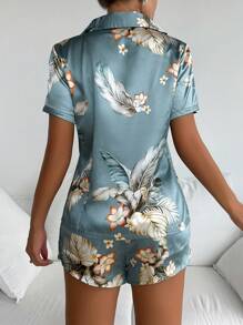 Women's Short Sleeve & Shorts Pajama Set With Floral Print & Letter Design, Made Of Simulated Silk