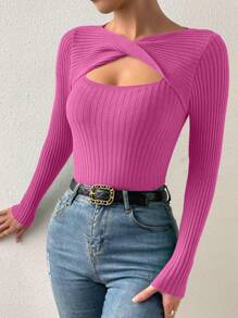 RosyDaze Solid Color Hollow-Out Twist Front Long Sleeve Sweater Pullover, Knit Pullover Fall Winter - Hot Pink - View 4