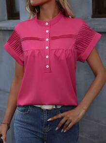 SHEIN LUNE Summer Casual Solid Color Pintucked Batwing Sleeve Shirt - Hot Pink - View 6