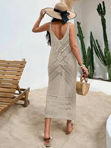 EURMUSE 帶肩帶的V領網編中長裙 - 摩卡棕 - 查看 2