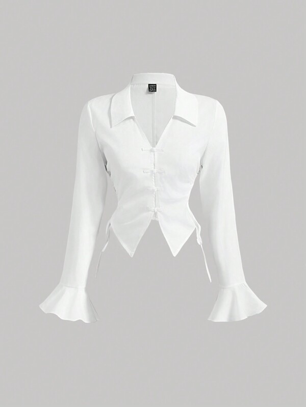 SHEIN MOD Camisa de estilo chino con cuello en V blanco, abotonada, con cordón - para volver al colegio, profesores, trabajo, playa, brunch, cumpleaños, club, estilo años 70