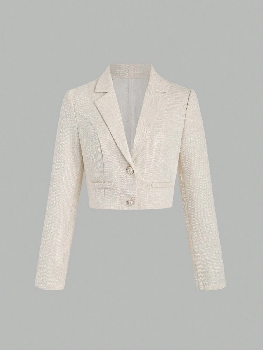 Sweetra Spring/Fall Casual Solid Color Cropped Blazer Y2K - Apricot - View 1