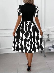 SHEIN Clasi Women's Yin Yang Geometric Print Patchwork Short Sleeve Dress - Black and White - View 2