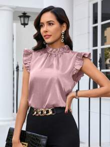 SHEIN Clasi Blusa de satén de unicolor con mangas de tapa para uso diario, blusas sin mangas - Rosa vieja - Ver 6