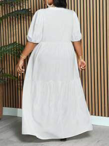Slaydiva Plus Size Đầm chữ A kiểu dáng babydoll màu trắng thanh lịch & giản dị có miếng vá nhiều lớp, tay áo ngắn kiểu đèn lồng và viền bất đối xứng, vải dệt mỏng cho nữ, Xuân & Hè - Z - trắng - Xem 2