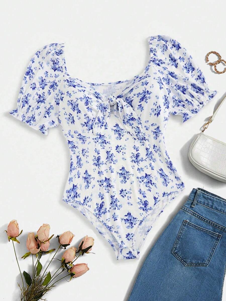 SHEIN CURVE+ 大尺碼女士純色簡約日常連身衣，帶印花 - 藍白色 - 查看 1