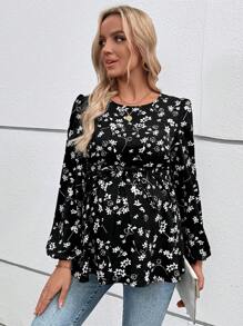 SHEIN 孕妇休闲圆领灯笼袖衬衫 - 黑色 - 查看 5