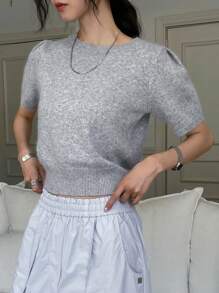 DAZY Solid Color Crew Neck Short Sleeve Knit Top,Fall Clothes - Grey - View 9
