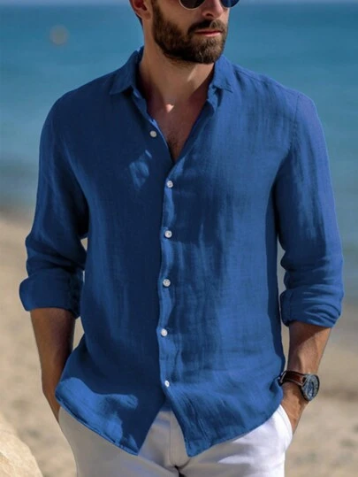 男士春夏纯色休闲衬衫，日常通勤，秋季长袖上衣