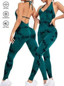 SHEIN Sport Studio Tie Dye Backless Sports Jumpsuit