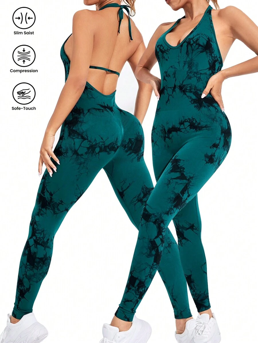 SHEIN Sport Studio Tie Dye Backless Sports Jumpsuit