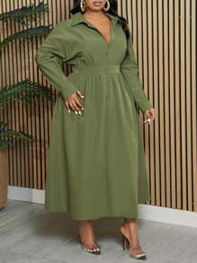 Slaydiva Plus Size Elegant & Commuting & Daily Wear Half-Opening Green Shirt Style Long Dress With Waist Belt, Spring & Autumn - Army Green - View 5