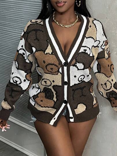 Slaydiva Casual Home Bear Printed Front Buttoned Long Sleeve Knitted Cardigan,Long Sleeve Tops In Fall/Winter