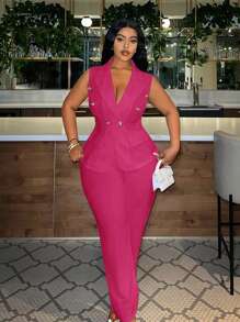 Slaydiva Plus Size Suit Vest & Full-Length Pants Solid Color Two-Piece Set - Pink - View 5