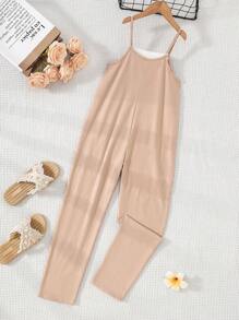 SHEIN Mono de tirantes de espagueti de punto de bloque de color para niñas preadolescentes - Multicolor - Ver 2