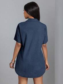 SHEIN SXY Ladies' Short Sleeve Denim Mini Dress With Lapel Collar, Front Buttons And Pockets, Casual Daily Wear