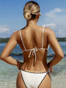 Swim Mod Women's Summer Beach Floral Trimmed Sexy Bikini Set - White - View 2