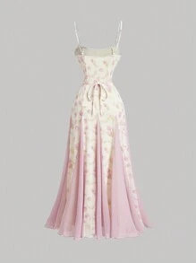 SHEIN MOD 女士郁金香印花粉色长款太阳裙、大下摆夏季连衣裙、毕业礼服、海滩女士连衣裙 - 紫羅蘭色 - 查看 2