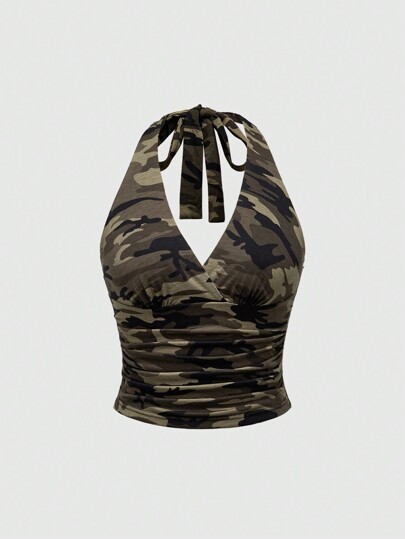 Grunge Punk Parte superior con cuello de halter con estampado de camuflaje Y2K para mujeres, escuela