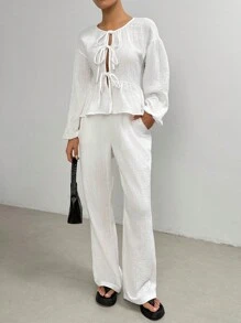 Muchica Ladies' Solid Color Minimalist Daily Wear Long Sleeve Top And Long Pants Two-Piece Set With Tie - White - View 3