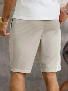 Manfinity Homme Men's Solid Color Drawstring Waist Pockets Casual Shorts - Apricot - View 2