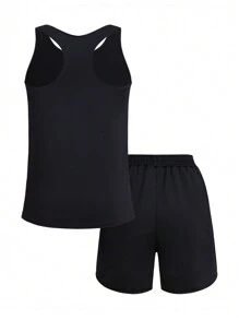 Teen Boys' Athletic Black Sleeveless Vest And Shorts Set With Fashionable & Cool Printed Patterns For Basketball, Soccer, Running, Cycling, Hiking And Fitness - Black - View 2