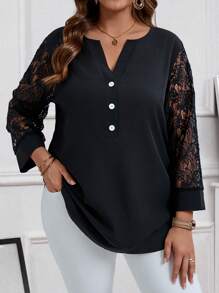 EMERY ROSE 女式加大码黑色蕾丝拼布镂空 V 领长袖秋季上衣