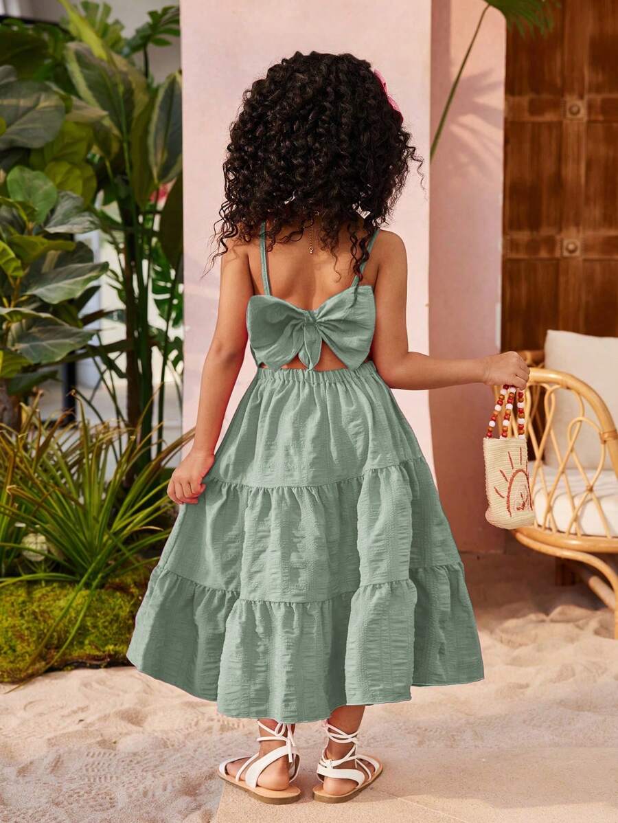 SHEIN Mommy And Me Matching Outfits (Each 2 Pieces Sold Separately) - Young Girl Woven Solid Color Bowknot Strap Dress, Suitable For Summer, Beach Vacation, Daily Wear, And Family Matching Outfits,Holiday,Summer,Travel