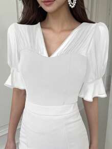 DAZY Women's Solid Color Patchwork V-Neck Lace Short Sleeve Ruffle Hem Shirt, Casual Daily Wear - White - View 4