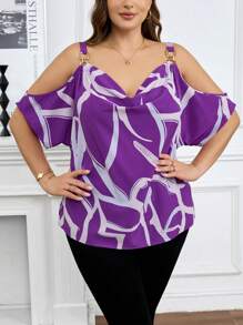 SHEIN Clasi Áo sơ mi đơn giản hàng ngày in ngẫu nhiên dành cho nữ cỡ lớn - Màu tím - Xem 6