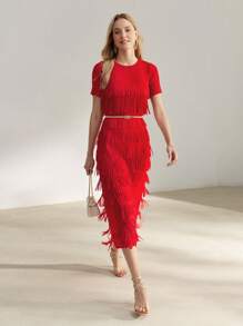 MOTF PREMIUM SOLID LAYERED FRINGE HEM BODYCON DRESS WITHOUT BELT - Hot Pink - View 6