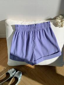 Comfortcana 女士纯色阔腿短裤，饰有荷叶边和腰部系带 - 淡紫色 - 查看 2