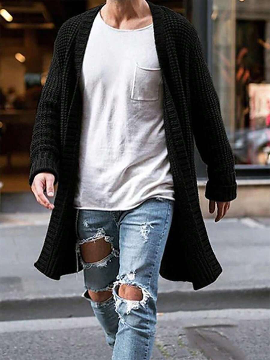 Men's Solid Color Minimalist Casual Long Sleeve Sweater - Black - View 1