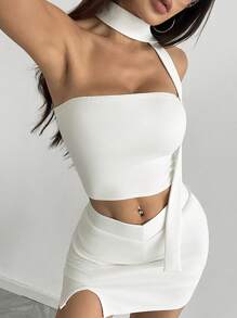 Lunelith SHEIN Lunessa Damen 2-teiliges Set aus trägerlosen, rückenfreien, einfachen Top und Bodycon Rock mit ausgeschnittenem Saum