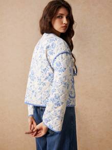 Poéselle 女士印花系带休闲长袖羽绒服，蓬松绗缝外套，波西米亚田园风，秋冬外套 - 藍色 - 查看 7