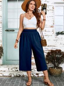 Breezaya Plus Size Solid Summer Wide Leg Vacation Casual Capris Pants