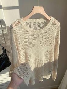 SHEIN EZwear Women's Early Autumn Large Mesh Hollow Star Pattern Sweater, Suitable For Daily Wear, Best-Selling Style
